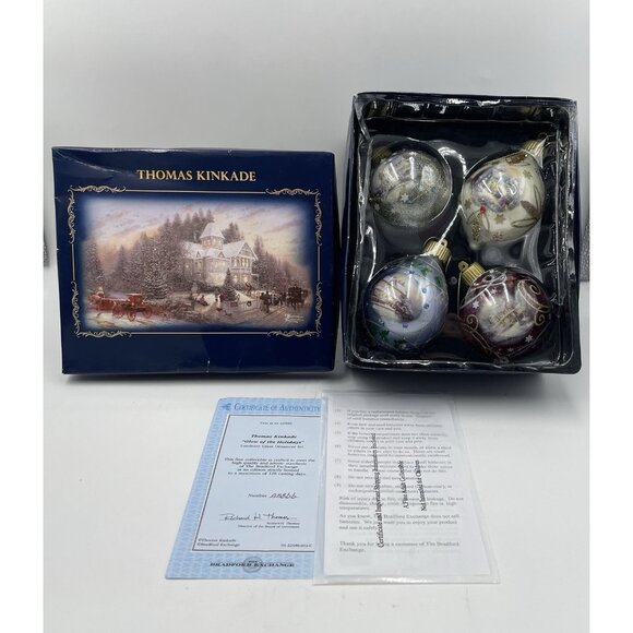 Set of 4 Thomas Kinkade Bradford Glow of the Holiday Glass Christmas Ornaments - Picture 7 of 15